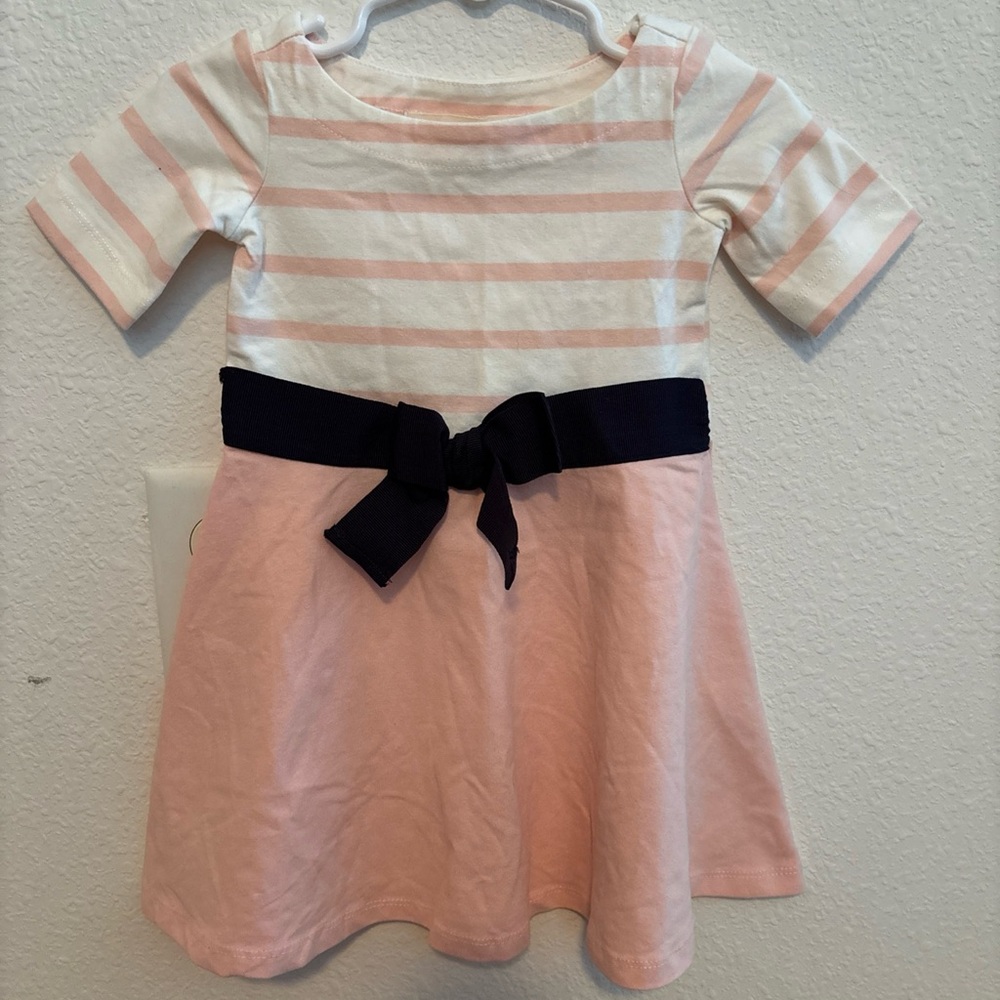 Hope & Henry Lightweight Block Organic Aline Pink Dress Navy Ribbon Girls 12/18